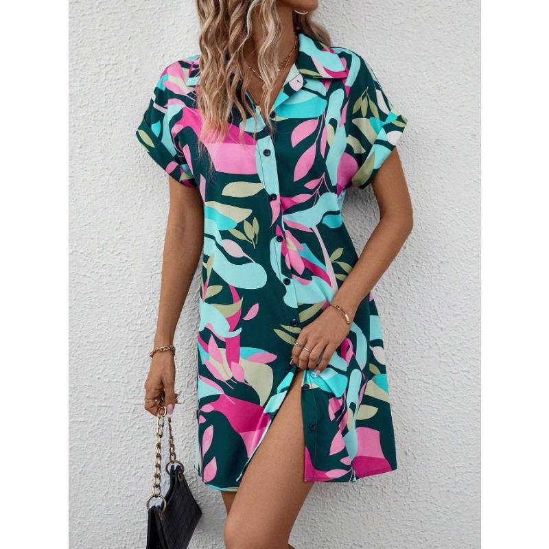 YYFS Женская мода лето весна цветочный узор принт короткий рукав ПОЛО шеи Высокая талия повседневные платья