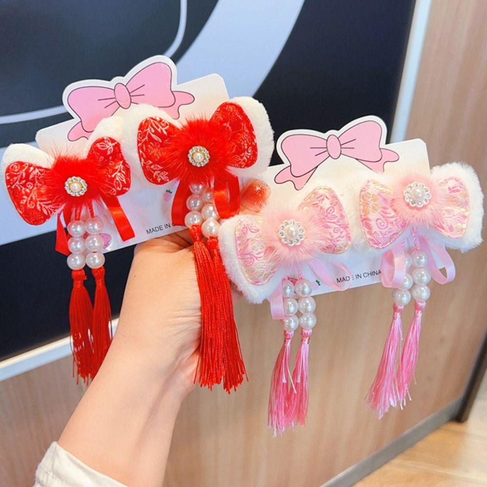 2 шт., заколка для волос в китайском стиле с красным бантом, головной убор ханьфу, новогодняя заколка сбоку, детская заколка для волос