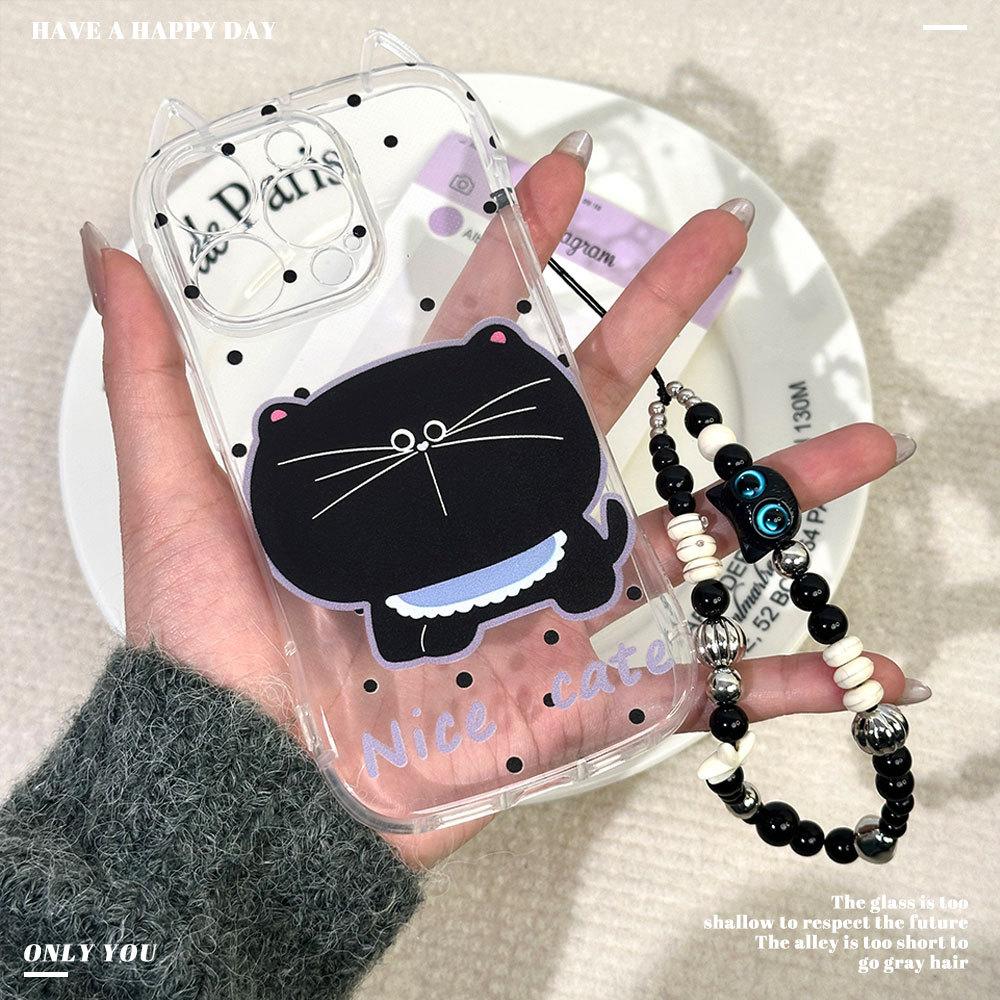 New Model Suitable for IPhone16promax Big Face Black Cat Protective Case Apple 15 Cute Polka Dot Lanyard Mobile Phone Case