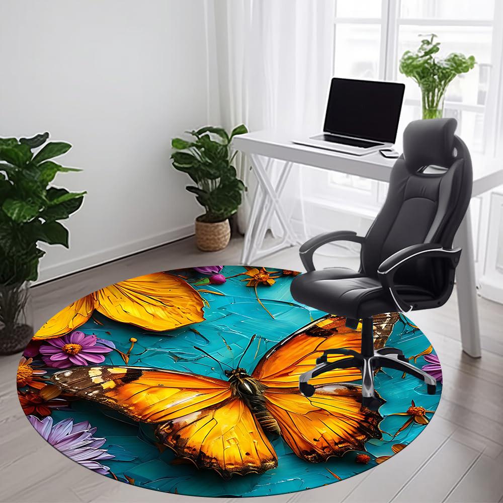 1pc Butterfly Flowers Office Round Area Rug, Indoor Mat Suitable ForOffice, Under Office Chairs Bedroom Living Room Home Decor, Room Deco D074