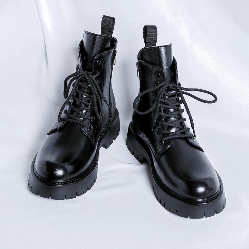 Повседневная кожаная мужская обувь хайтопы, толстая подошва, мужские мотоботы на шнуровке, однотонные полусапоги до середины икры, ботильоны, теплая плюшевая меховая обувь