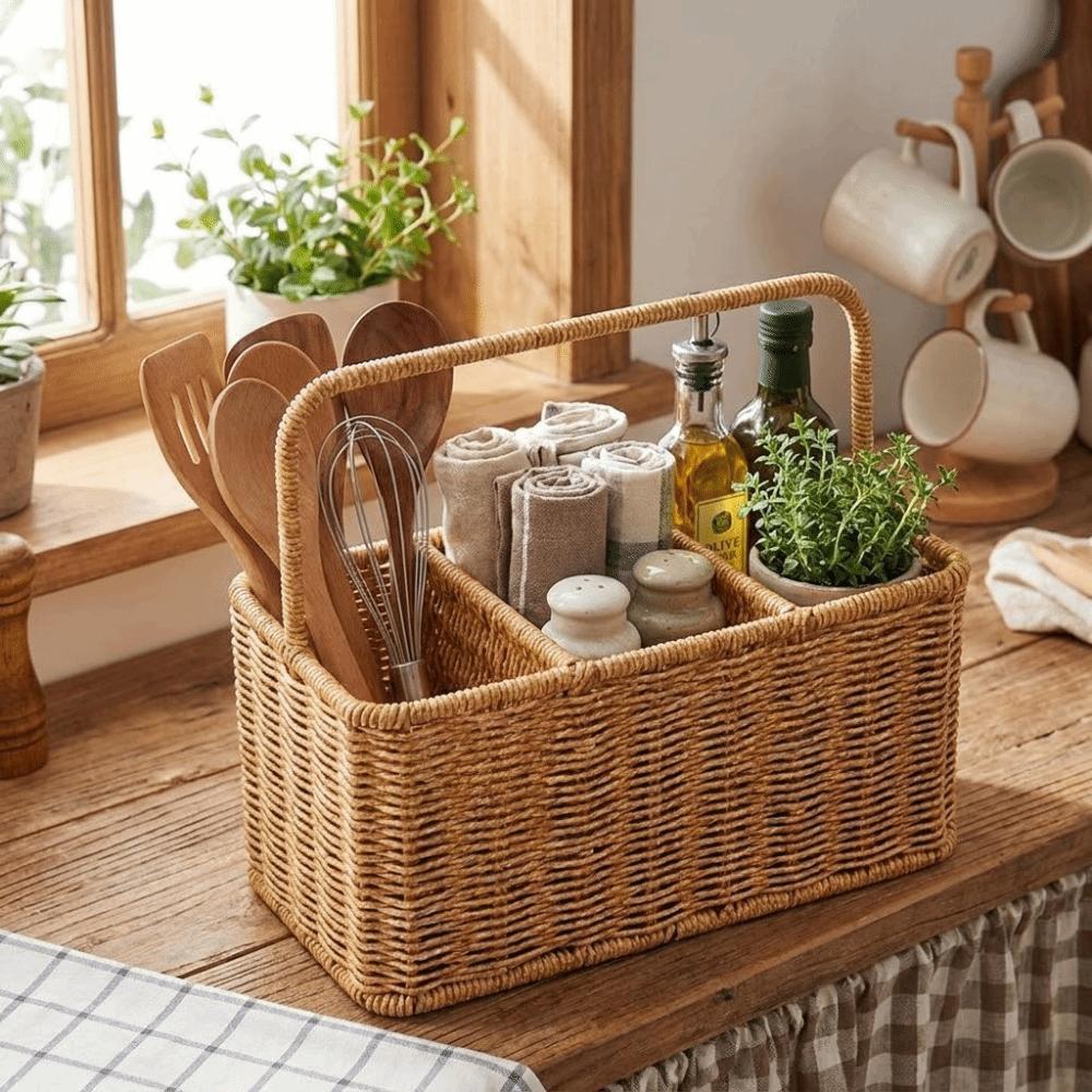 Large Capacity Silverware Holder with Handle Woven Cutlery Organizer  Dormitory