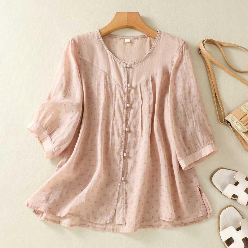Рубашка из хлопка и льна с принтом в стиле ретро, женская рубашка с круглым вырезом контрастного цвета, тонкая летняя рубашка с короткими рукавами