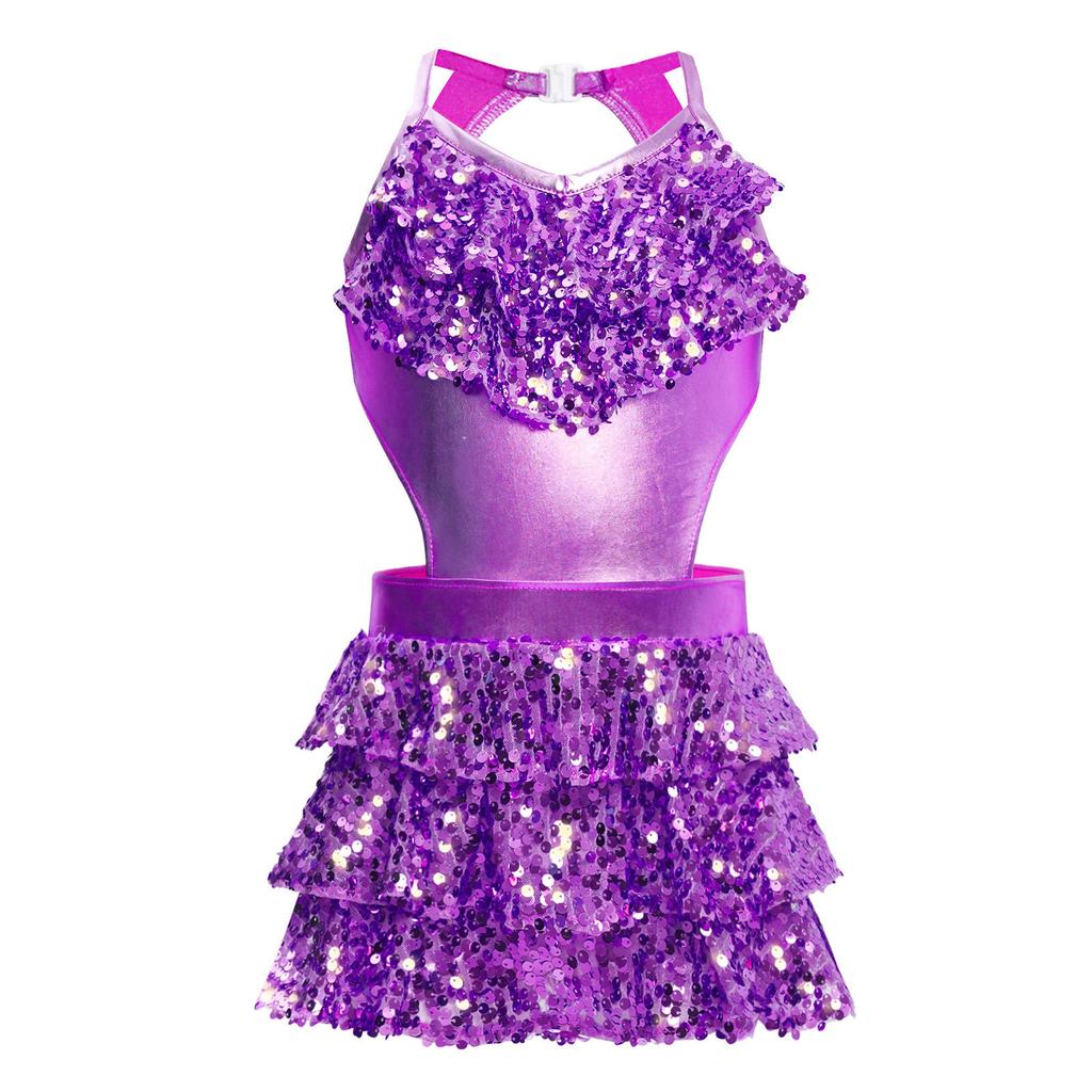 Girls Tiered Ruffle Sequins Dance Dress V Neck Sleeveless Cutout Metallic Design Stage Performance Gown