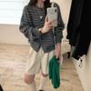 Womens Oversized Knit Cardigan Casual Korean Style Colorblock Stripe Loose Fit Soft Warm Sweater Jacket