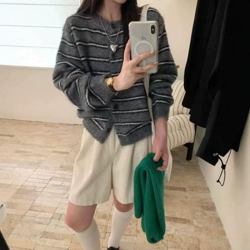 Womens Oversized Knit Cardigan Casual Korean Style Colorblock Stripe Loose Fit Soft Warm Sweater Jacket