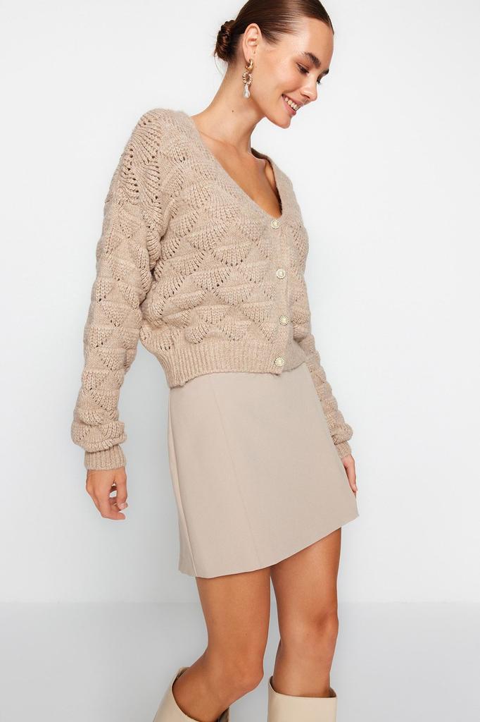 Женский модный стильный кардиган из норки, ажурный перфорированный трикотаж с v-образным вырезом, кардиган