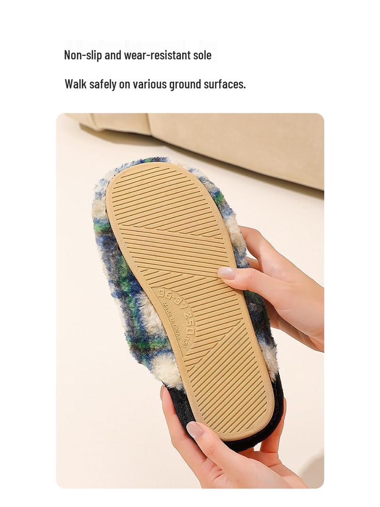 Thickened Autumn/Winter Plaid Stripe Cotton Slippers - Comfortable Unisex Homewear