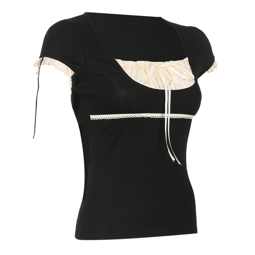 Женская повседневная рубашка, лоскутное кружево, плиссированная грудь, U-образный вырез, короткий рукав, футболка, летняя футболка для женщин