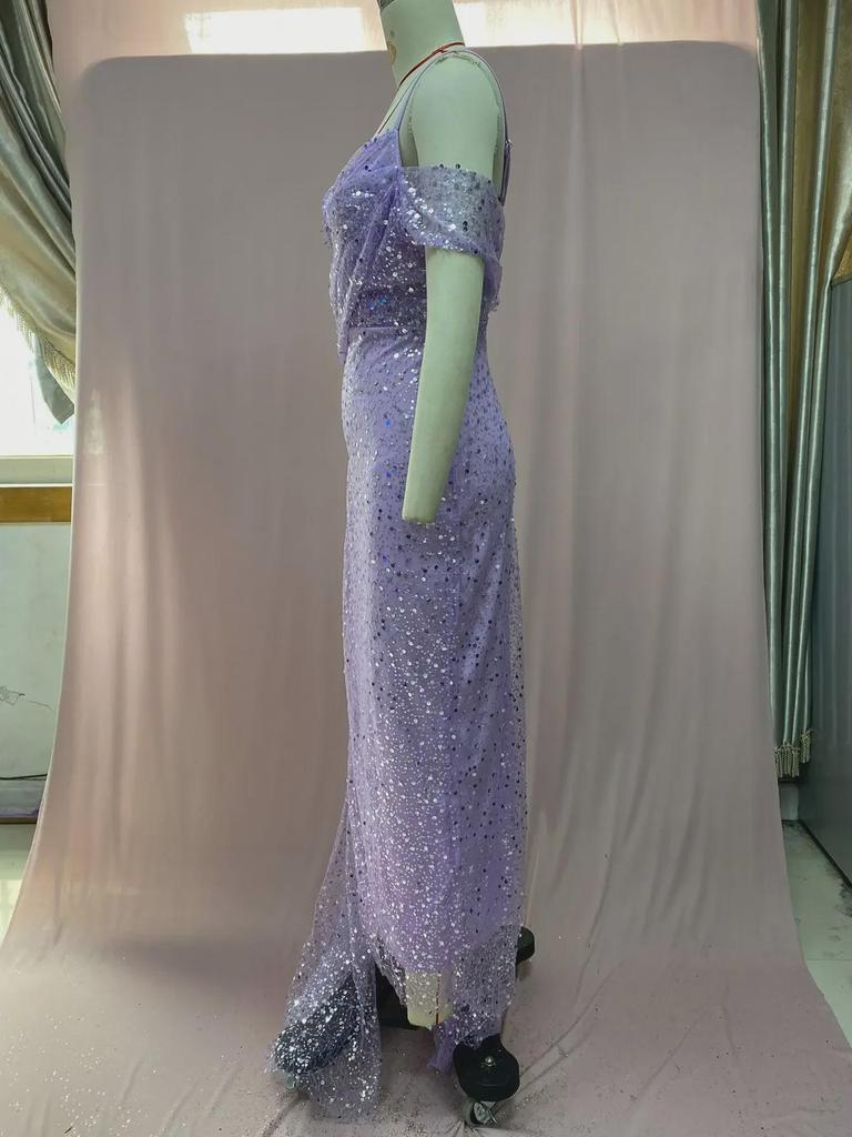 Женское вечернее платье в европейском и американском стиле 2025 года: Разрез с пайетками, неровный подол, длинная юбка с подтяжками