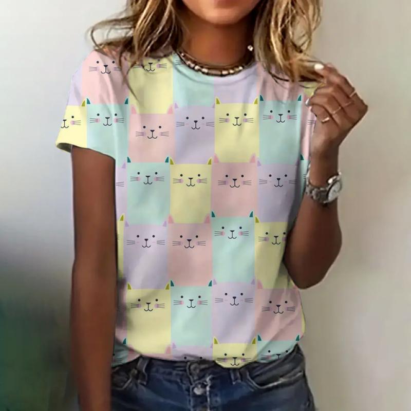 Женская футболка с принтом кота, летняя одежда с круглым вырезом и коротким рукавом, свободный повседневный топ с милым принтом, женская модная футболка с коротким рукавом