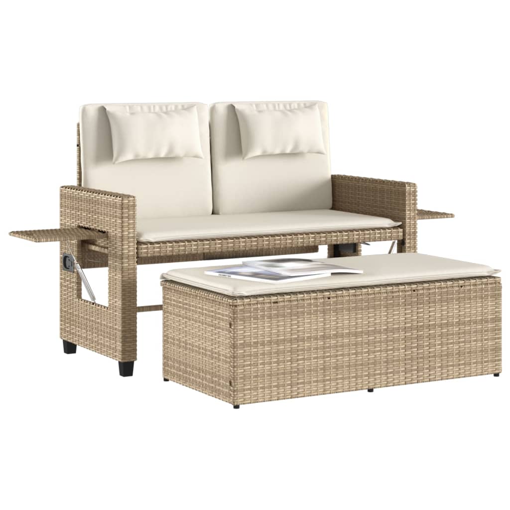Adjustable Garden Bench with Cushions Beige Poly Rattan