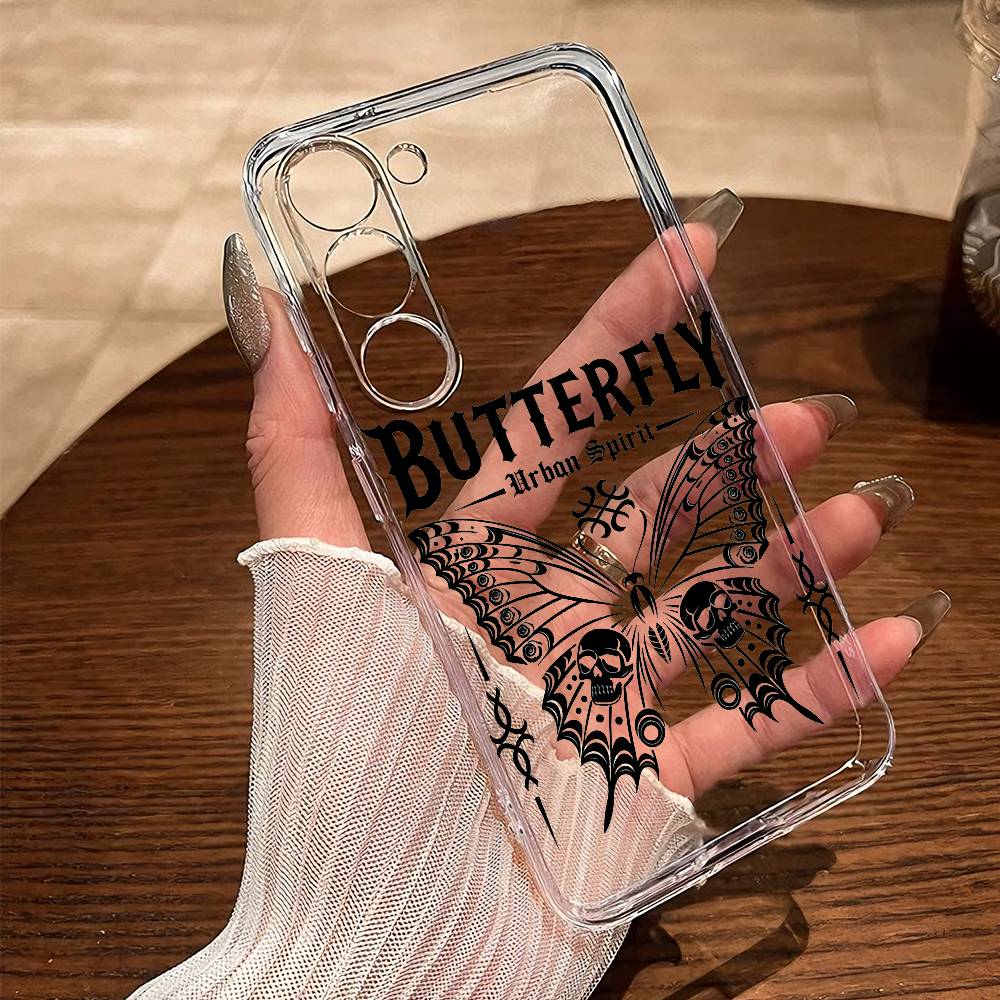 Gothic Black And Pink Butterfly Phone Case For SamsungA10 A12 A31 A40 A70 Transparent Cover Case