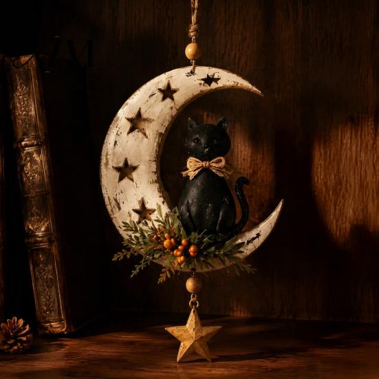 Boho Witchcraft Style Decoration Crescent Moon Black Cat Hanging Ornament, on Wall Decor, Decorative Figurine Rustic Star Door Window Pendant