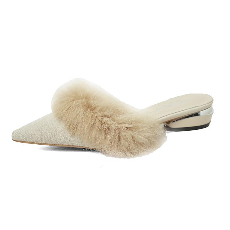 Меховые тапочки Мюли Острый нос Элегантные туфли на высоком каблуке Женские осенние новые меховые шлепанцы Шлепанцы для офиса Ytmtloy Indoor