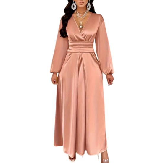 Женское летнее атласное платье-халат с V-образным вырезом, пышными элегантными длинными рукавами и приталенной талией, струящееся А-силуэта