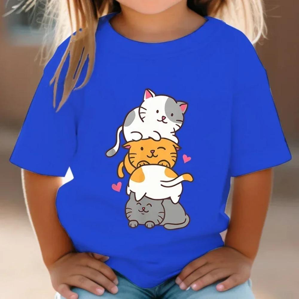 Top Cute Cat Graphic 3-12 Year Kids Tshirts Summer Short Sleeve Tees Cartoon Animal Boys Girls Clothes  Y2K  T-shirt