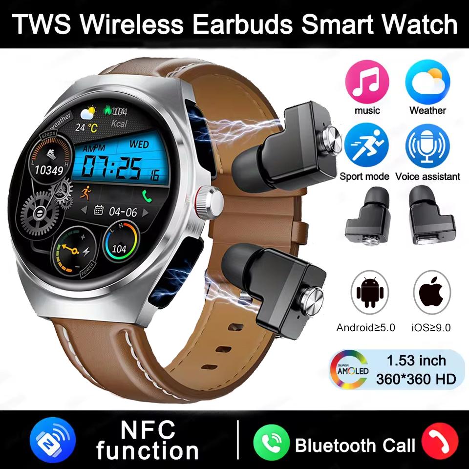 2026 2-in-1 Smart Watch with Earbuds NFC Smartwatch TWS Bluetooth Earphone Heart Rate Blood Pressure Monitor Bluetooth Call Sport Fitness Watch