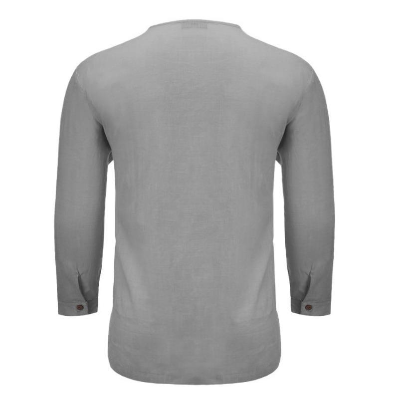 Мужская рубашка свободного кроя из хлопка и льна с длинными рукавами и V-образным вырезом