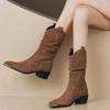 Real Cow Suede Mid-Calf Short Boots for Women Retro Pointed Western Denim Thick Heel Knight Boot Autumn Winter Gothic Shoe Botas
