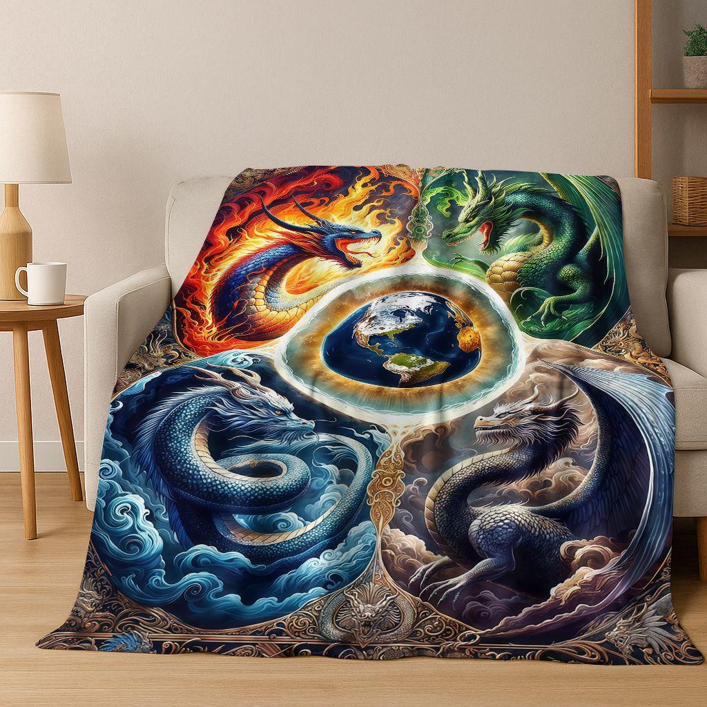 Magic Dragon Mythology Art Chinese Loong Cartoon Flannel Blanket,Cozy Soft Throw Blanket for Home Bedroom Bed Sofa Cover Kid