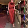 Evening Dress Multi Tassel Slim Waist Sleeveless Maxi Dress Round Neck Pure Color Ball Gown Slim Fit Dress for Office Parties Weddings