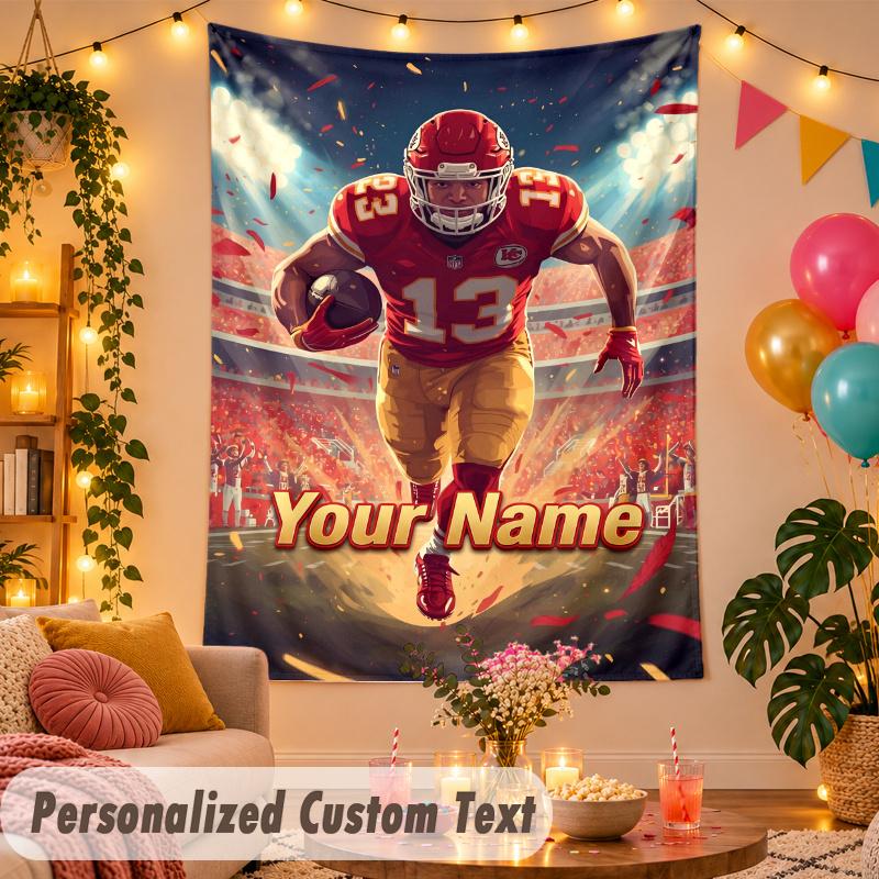 Kansas City Chiefs Personalized Wall Tapestry Custom Name Text Polyester Hanging Decor Home Room