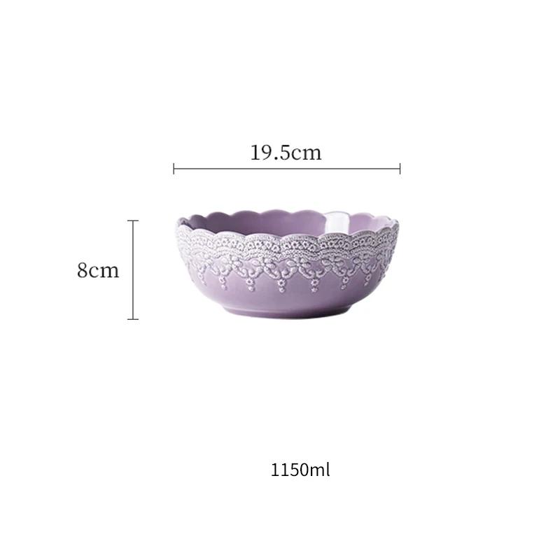 Модная рельефная обеденная тарелка в стиле ретро, фиолетовые креативные керамические тарелки, глубокая суповая миска, салатницы, бытовая утварь