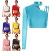 Womens Latin Dance Crop Top Single Long Sleeve Asymmetrical Shoulder Sparkly Rhinestone Top Belly Dancewear