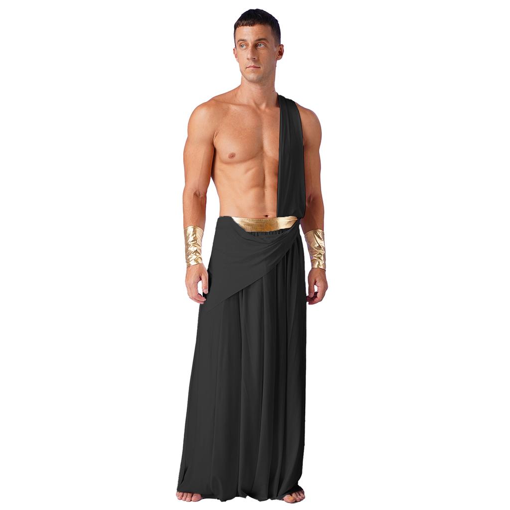 Mens Ancient Greek Cosplay Costume Long Skirt Wristbands One Shoulder Strap Roman Toga Halloween Warrior Gown