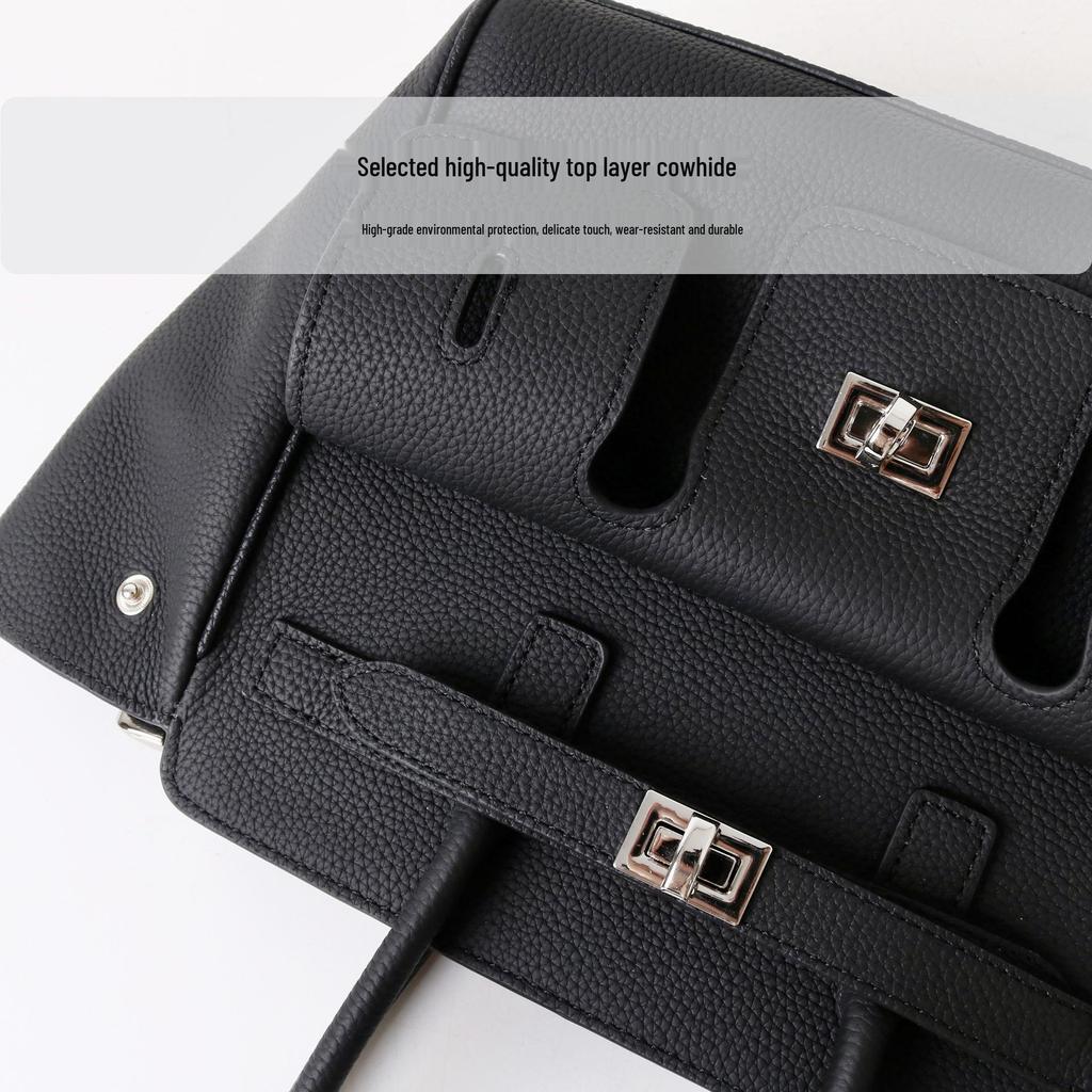 Women's Biker Genuine Leather Multi-Pocket Tote with Dark Square Buckle