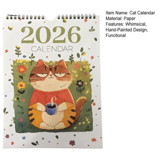 2026 Hand-Painted Cat Wall Calendar 12-Month Planner Feline Illustrations Thick Paper Calendar Gift for Pet Lovers
