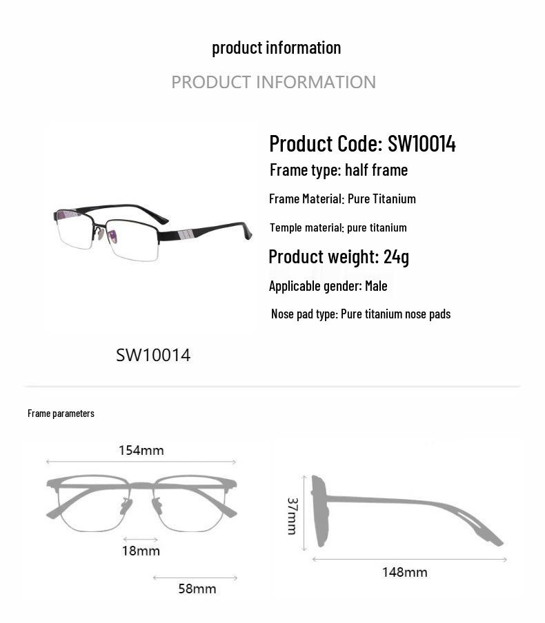 Extra Wide Semi-Rimless Men's Glasses for Myopia & Astigmatism, Large Face Fit, Pure Titanium Frame