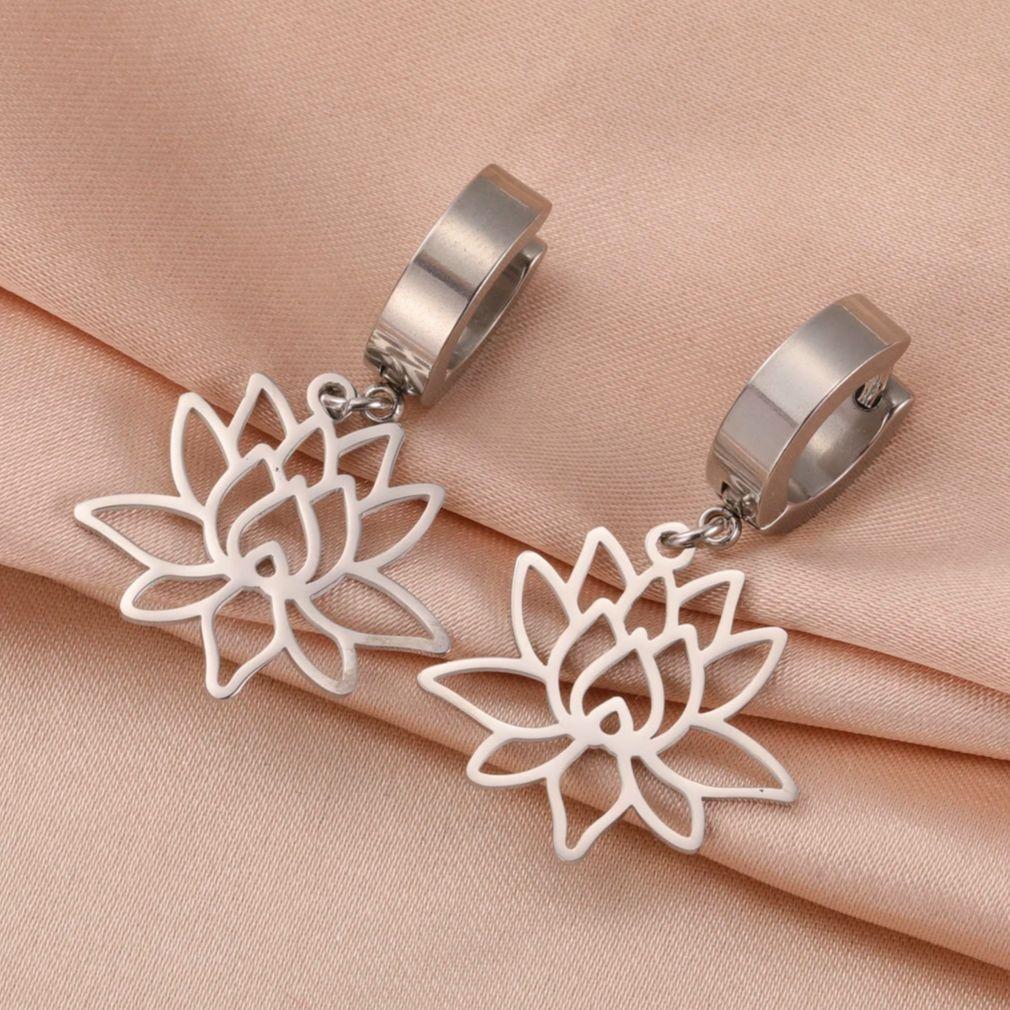LIKGREAT Open Lotus Flower Dangle Earrings Women Stainless Steel Vintage Yoga Buddhism Healing Amulet Drop Hoop Earring Jewelry