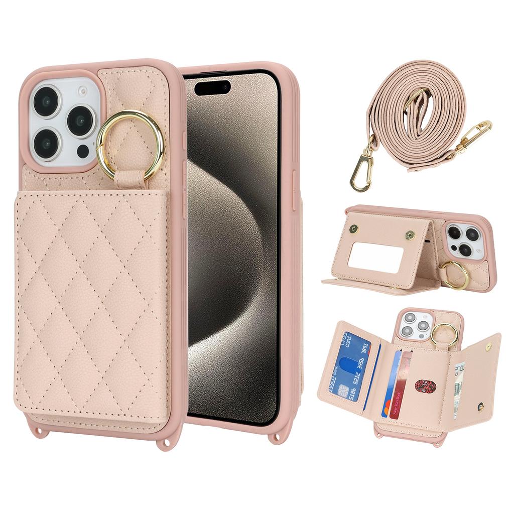 For iPhone 15 Pro Case with Lanyard/Mirror/Card Holder Grids Pattern RFID Blocking Phone Cover