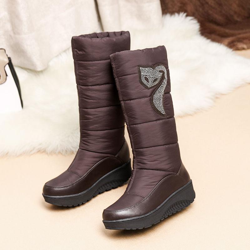 Winter Women Platform Snow Boots Crystal Fox Black Brown Down Plush Casual Travel Lady Round Toe Wedge Heels Mid-calf Boots