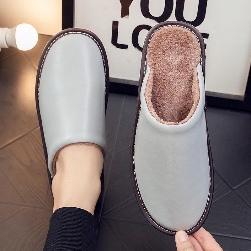 Водонепроницаемые кожаные шлепанцы слипоны с теплой плюшевой подкладкой для пар