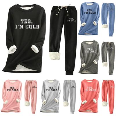 Женский теплый костюм с принтом и круглым вырезом, флисовый свитер с длинными рукавами, спортивные штаны на шнурке, комплект из двух предметов