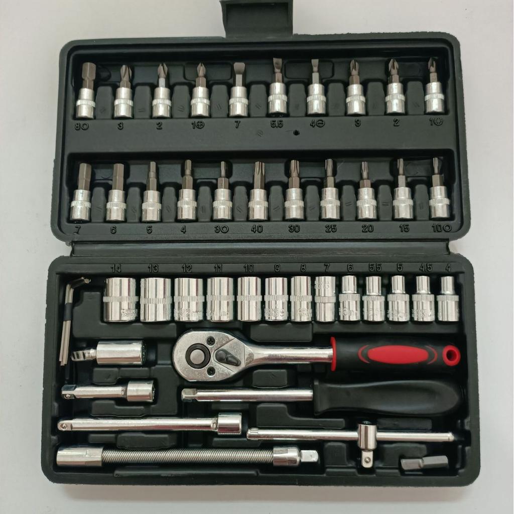 Набор инструментов из 46 предметов, включающий головки, гаечные ключи, трещотку, отвертку и шестигранные ключи, идеально подходит для ремонта дома и мотоцикла