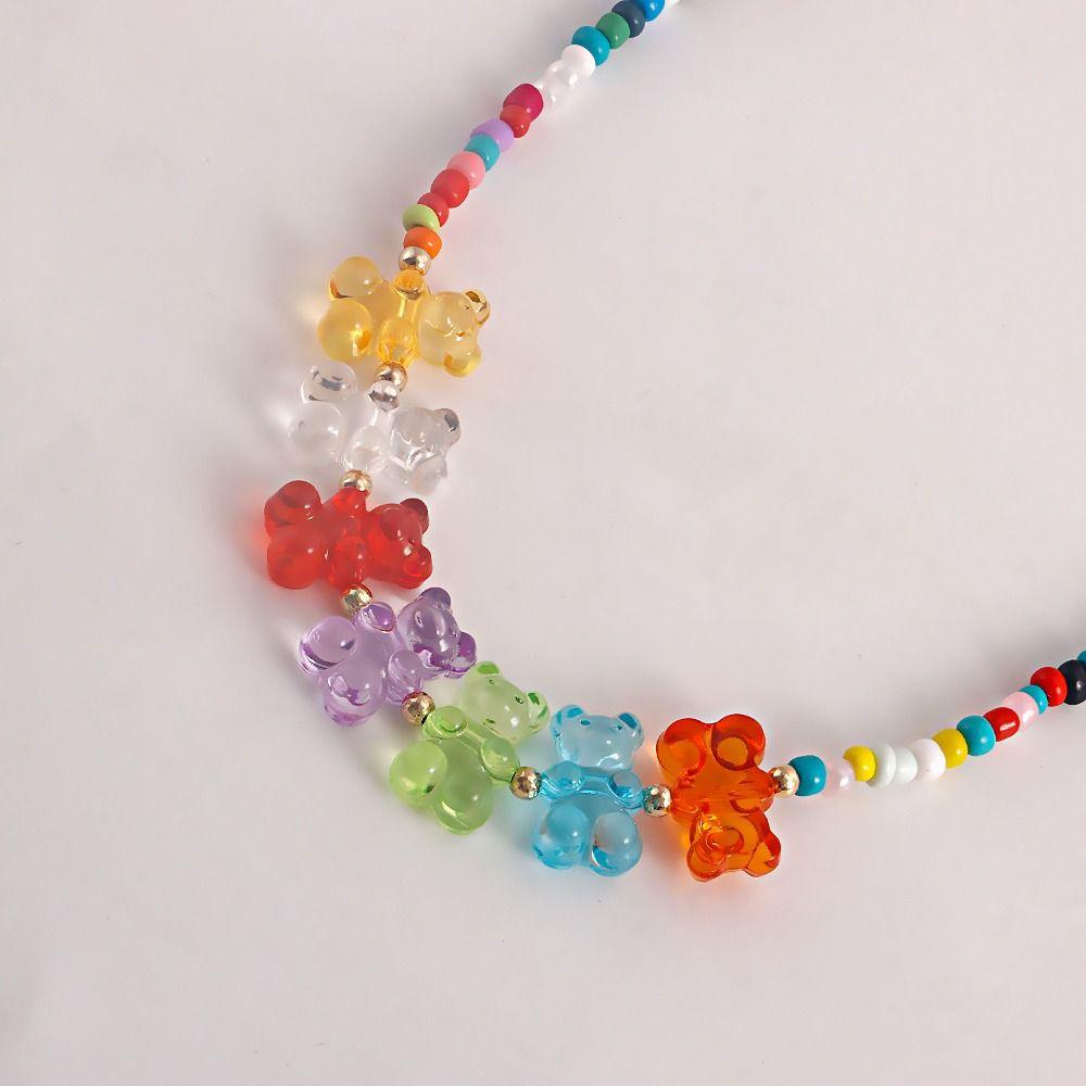 Charms Jelly Bear Necklace Minority Design Retro Colorful Ring Set Rice Bead Bracelet Party