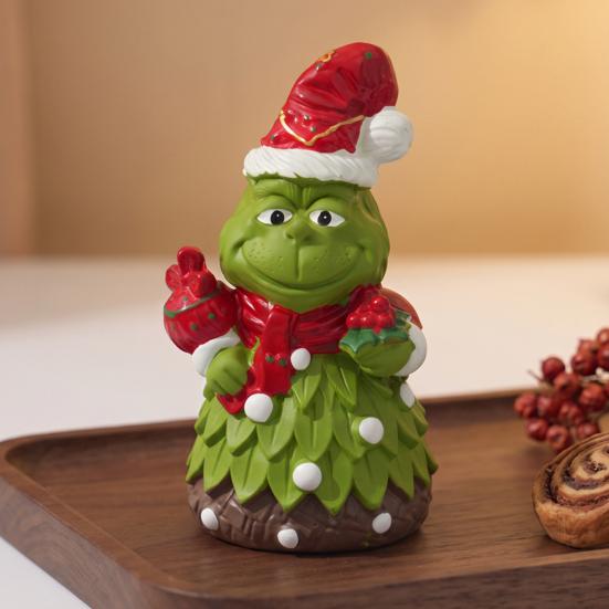 Small Christmas Sculptures Green Monsters Ornament with Santa Hat And Scarf, Resin Frog Cute Elf Tabletop Decor Figurine for Home Decoration, Outdoor