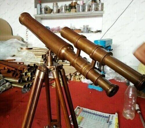 Vintage Nautical Floor Standing Brass 18 Inch Telescope With Wooden Tripod Stand
