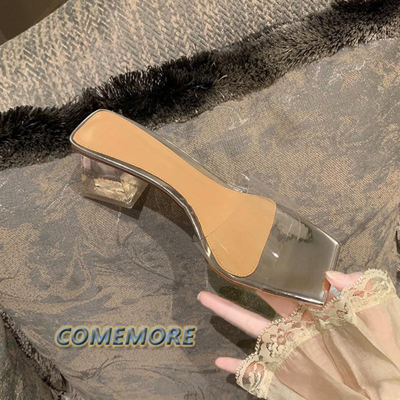 Тапочки женские туфли на среднем каблуке универсальная новая летняя обувь женская мода прозрачные кристаллы толстый каблук крутые сандалии мюли