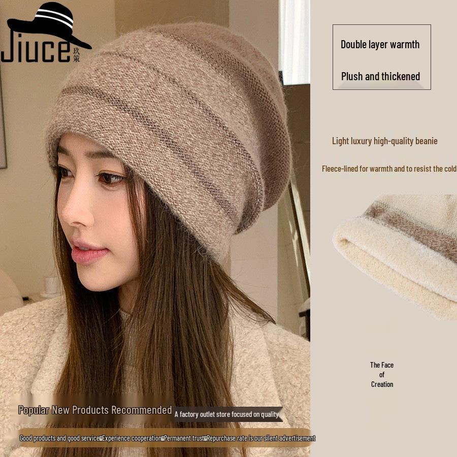 Korean Colorblock Rabbit Fur Fleece-Lined Beanie with Ear Protection – Elegant Women's Knit Hat for Cold Weather