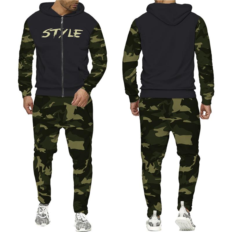 Весенне-осенний камуфляжный принт, мужские толстовки на молнии, брюки, костюм, уличная куртка с капюшоном в стиле милитари, спортивная одежда, спортивный костюм, комплект из двух предметов