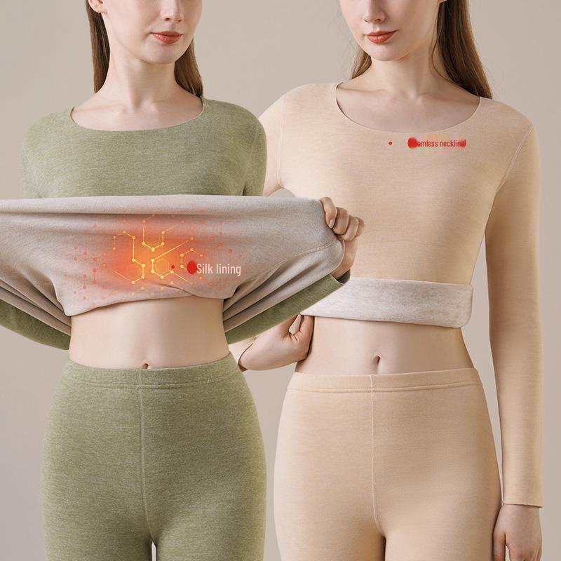 Женское термобелье из кашемира: Плюс бархатный, плотный бесшовный топ с круглым вырезом на осень/зиму.