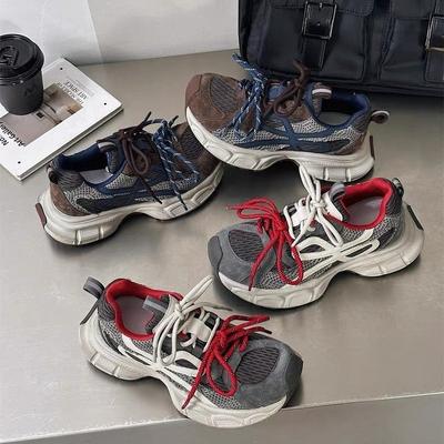 Европейские кроссовки на толстой подошве из сетки и кожи, женские, осень 2025, новые, на шнуровке, увеличивающие рост, легкие и удобные спортивные и повседневные туфли