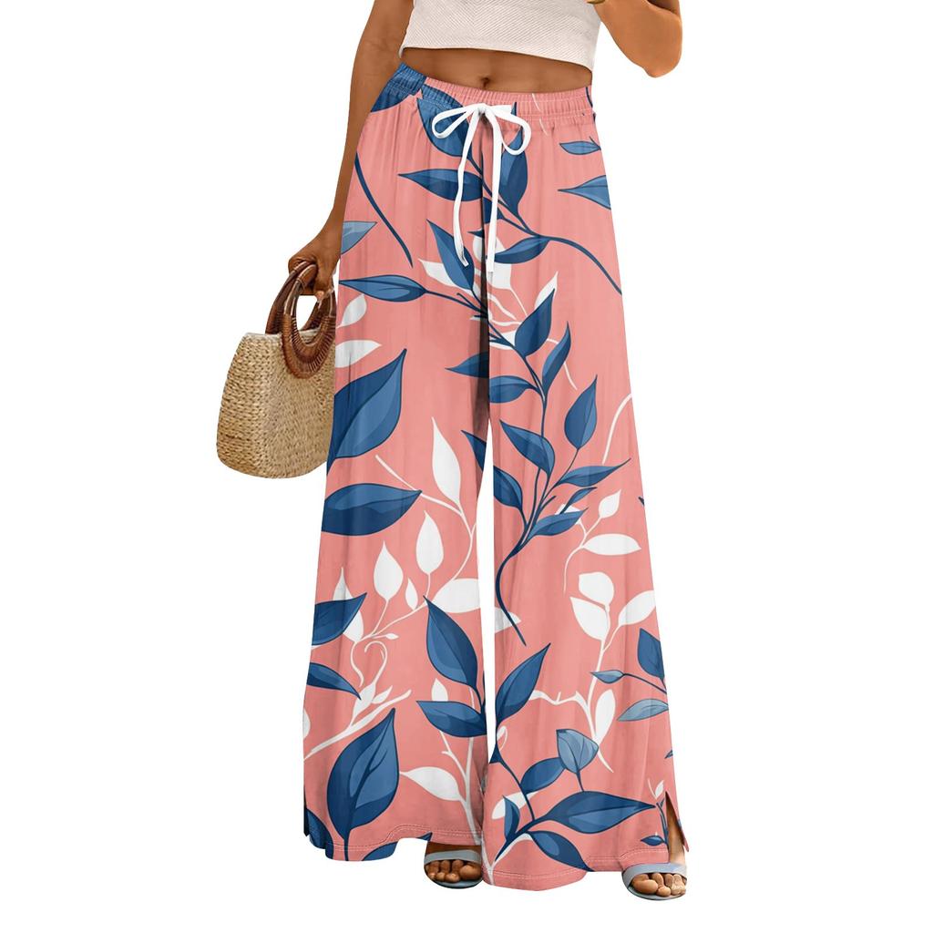 Женские свободные повседневные брюки с цветочным принтом и широкими штанинами, с эластичной талией на кулиске и карманами
