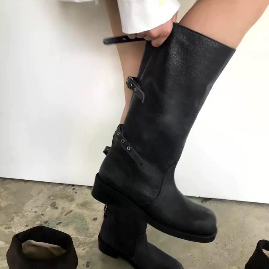 Cowhide Version Korean Version Thick Heel Pleated High Boots Women's New Folded Three-wear Outdoor Locomotive Boots Knight Boots Long Boots