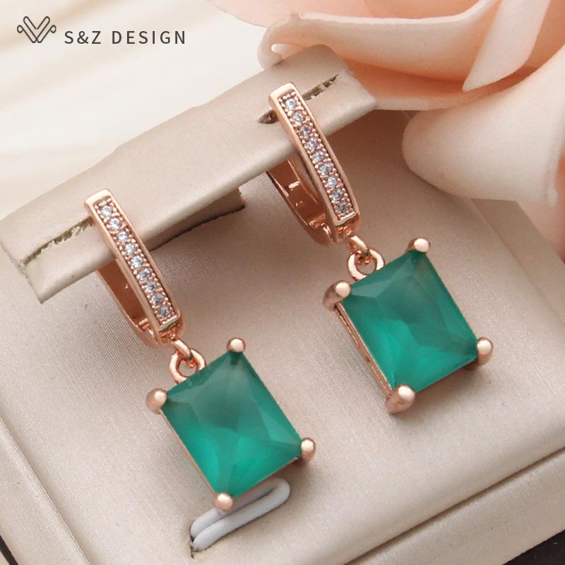 Fashion Cubic Zirconia Rectangle Drop Earrings For Women Elegant Rose Gold Color Jewelry Daily Accessories